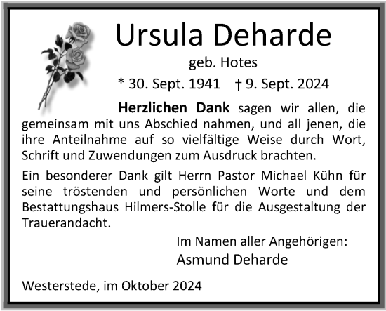 Traueranzeige von Ursula Deharde von Nordwest-Zeitung