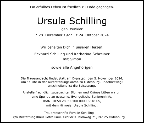 Traueranzeige von Ursula Schilling von Nordwest-Zeitung