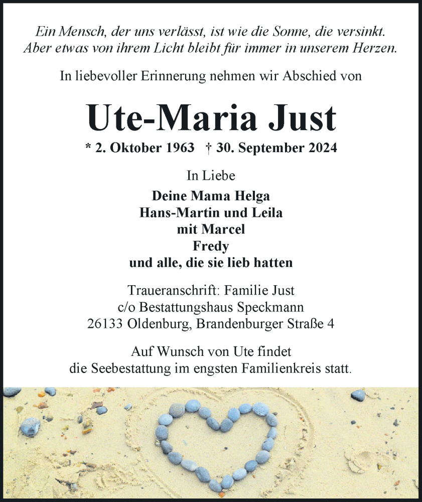  Traueranzeige für Ute-Maria Just vom 05.10.2024 aus Nordwest-Zeitung