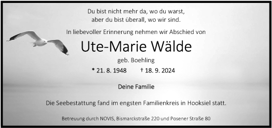 Traueranzeige von Ute-Marie Wälde von WZ/JW/AH
