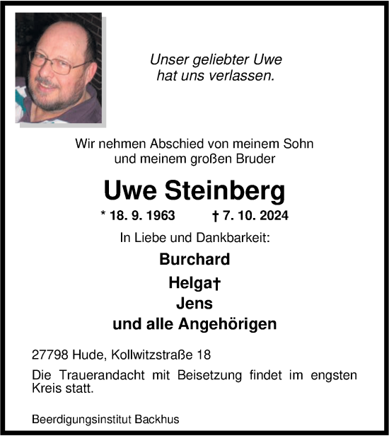 Traueranzeige von Uwe Steinberg von Nordwest-Zeitung