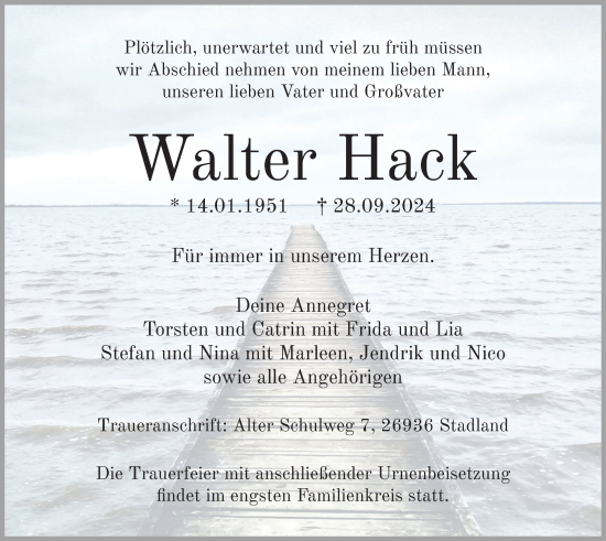Traueranzeige von Walter Hack von Nordwest-Zeitung