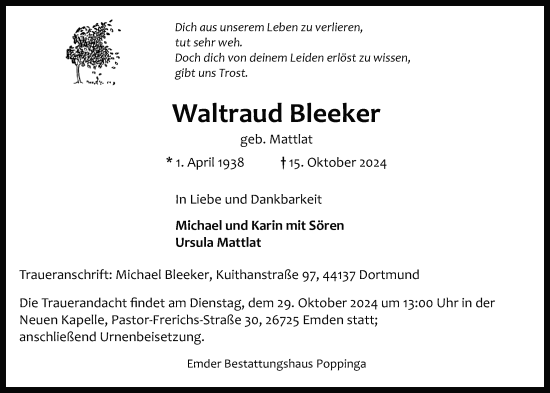 Traueranzeige von Waltraud Bleeker von Emder Zeitung