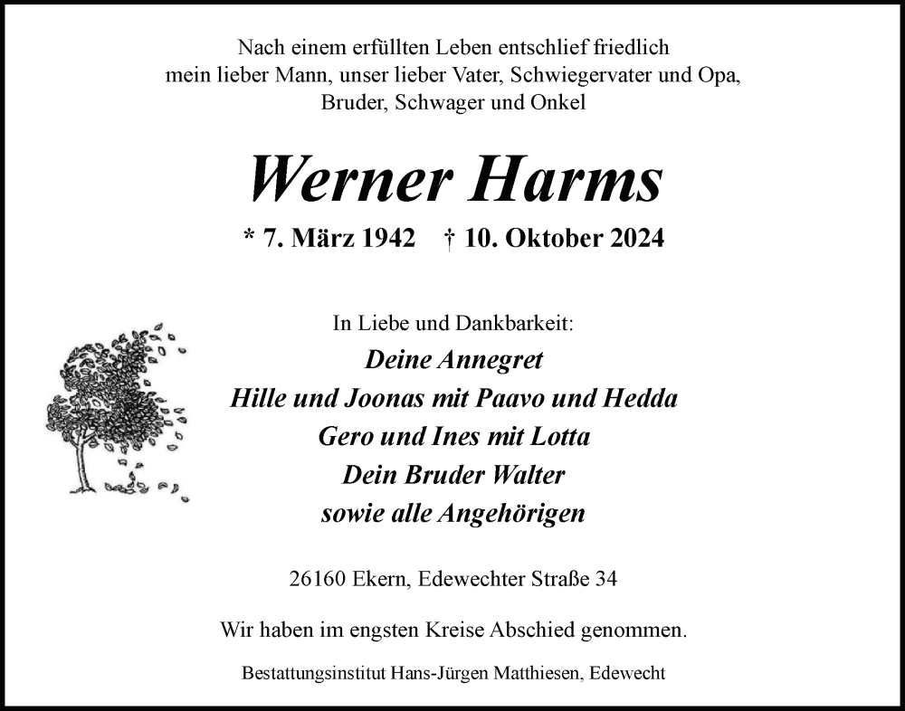  Traueranzeige für Werner Harms vom 18.10.2024 aus Nordwest-Zeitung