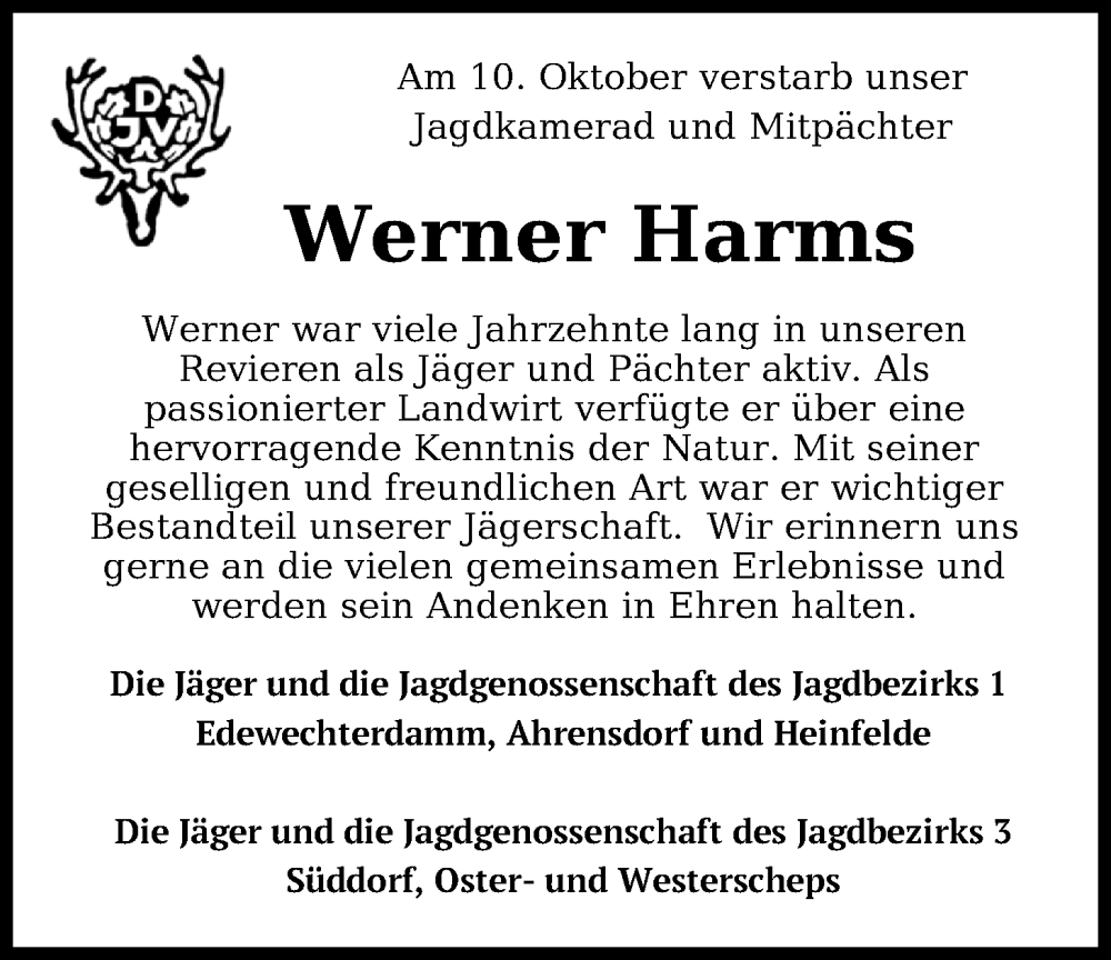  Traueranzeige für Werner Harms vom 18.10.2024 aus Nordwest-Zeitung