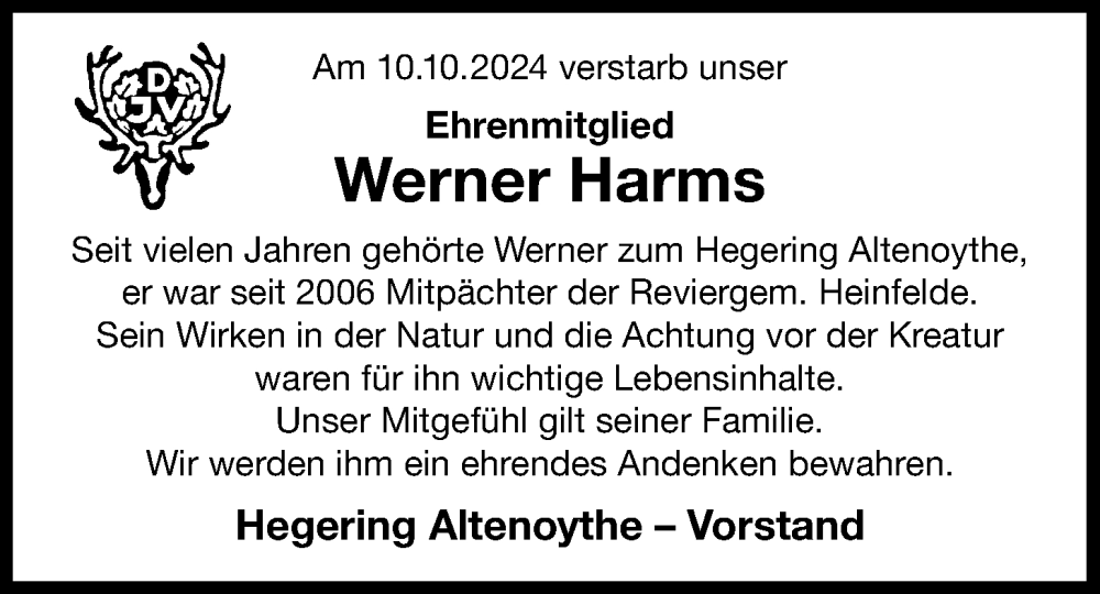 Traueranzeige für Werner Harms vom 18.10.2024 aus Nordwest-Zeitung