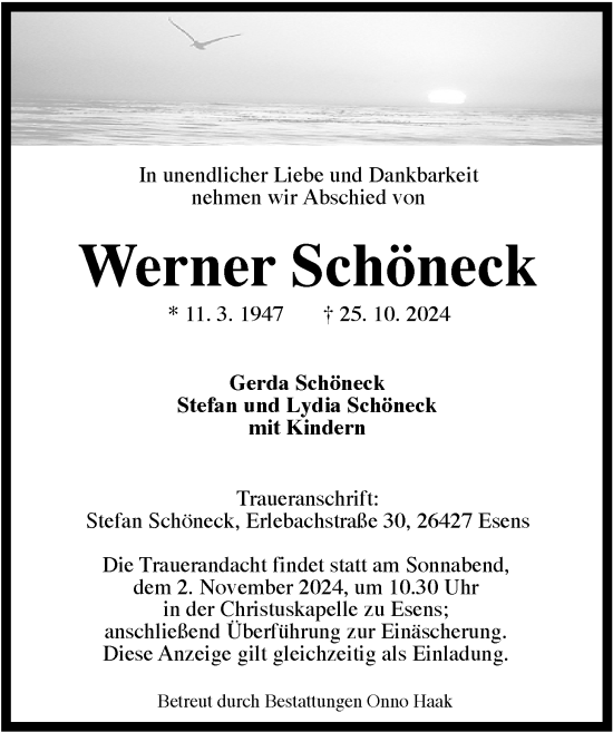 Traueranzeige von Werner Schöneck von WZ/JW/AH