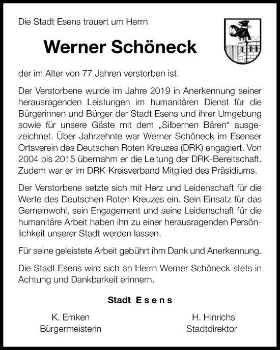 Traueranzeige von Werner Schöneck von WZ/JW/AH