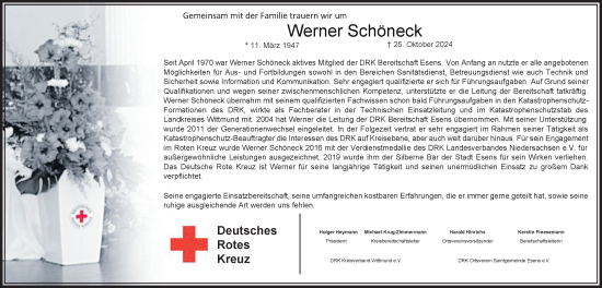 Traueranzeige von Werner Schöneck von WZ/JW/AH