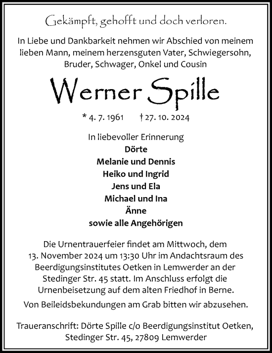 Traueranzeige von Werner Spille von Nordwest-Zeitung