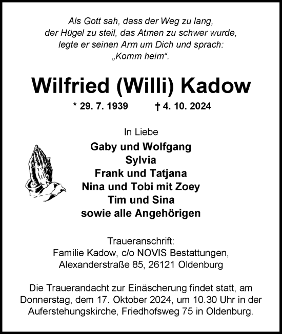 Traueranzeige von Wilfried Kadow von Nordwest-Zeitung