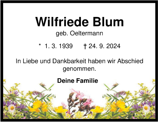 Traueranzeige von Wilfriede Blum von WZ/JW/AH