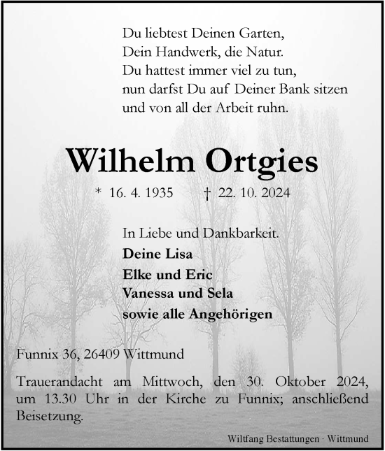 Traueranzeige von Wilhelm Ortgies von WZ/JW/AH