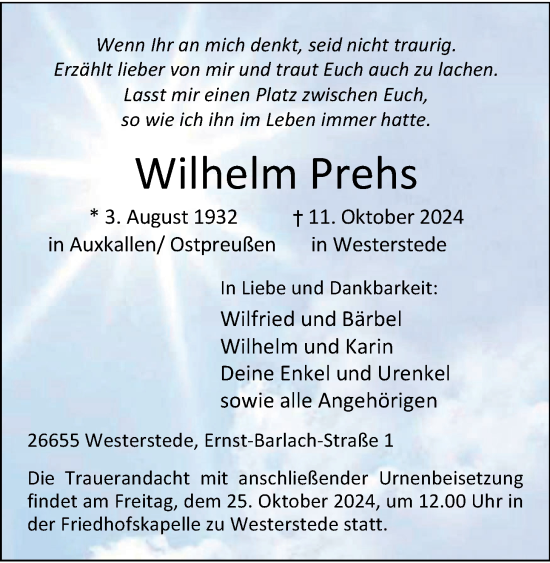 Traueranzeige von Wilhelm Prehs von Nordwest-Zeitung