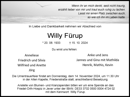 Traueranzeige von Willy Fürup von WZ/JW/AH