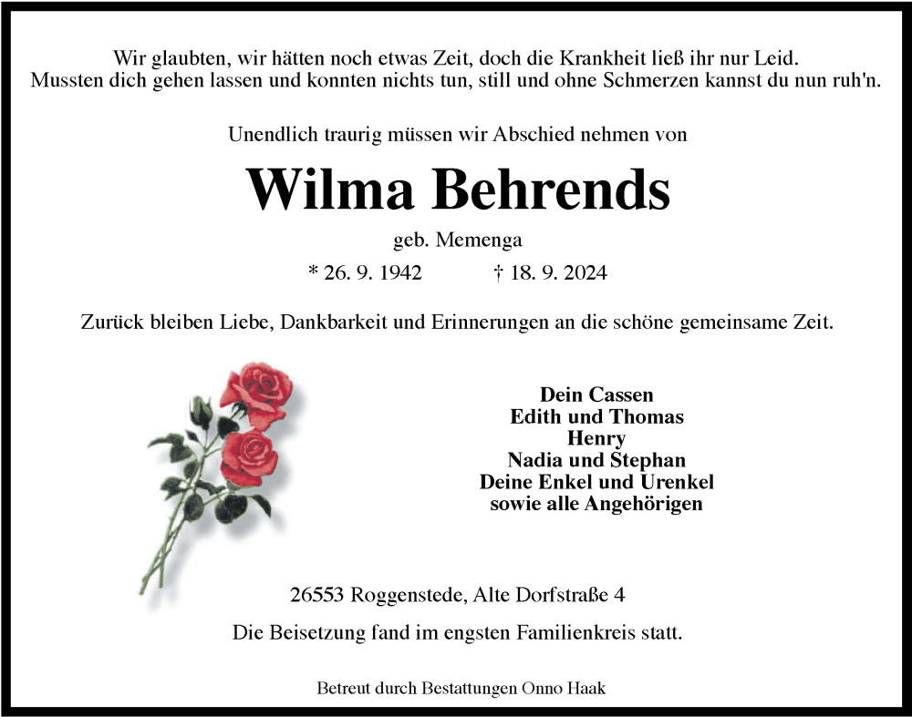  Traueranzeige für Wilma Behrends vom 05.10.2024 aus WZ/JW/AH