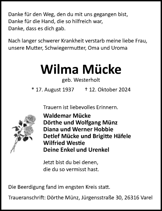 Traueranzeige von Wilma Mücke von Nordwest-Zeitung