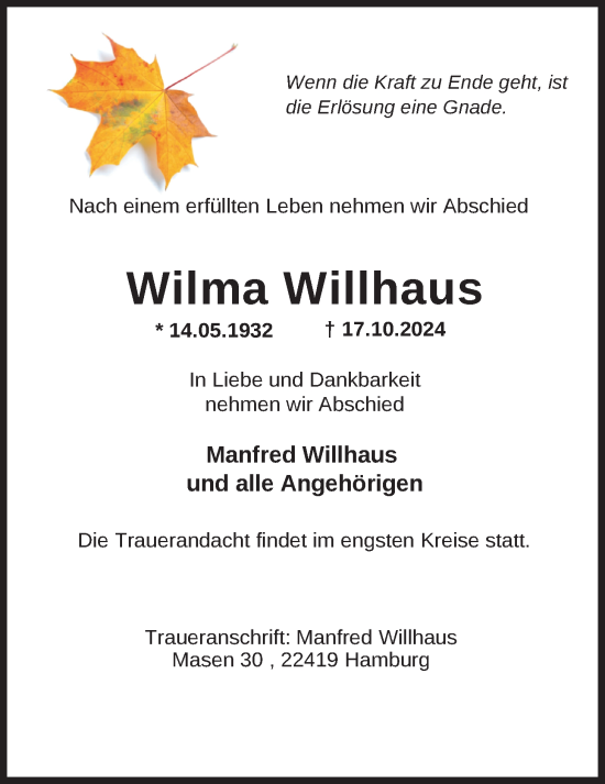 Traueranzeige von Wilma Willhaus von Nordwest-Zeitung