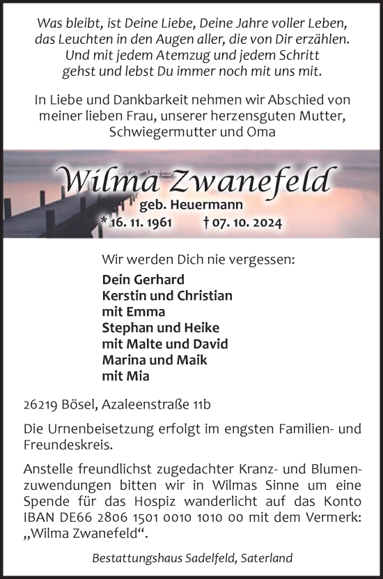 Traueranzeige von Wilma Zwanefeld von Nordwest-Zeitung