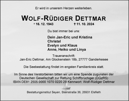Traueranzeige von Wolf-Rüdiger Dettmar von Nordwest-Zeitung