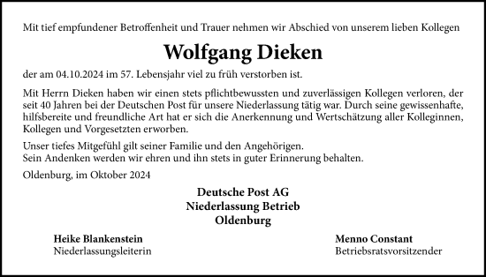 Traueranzeige von Wolfgang Dieken von Nordwest-Zeitung