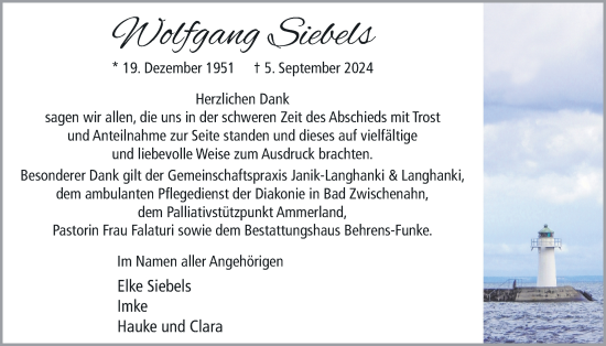 Traueranzeige von Wolfgang Siebels von Nordwest-Zeitung