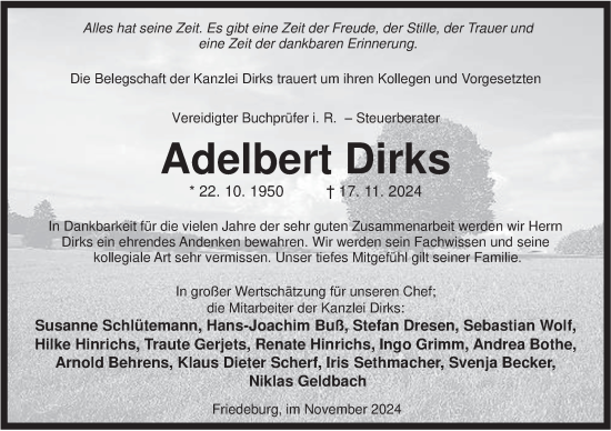 Traueranzeige von Adelbert Dirks von WZ/JW/AH