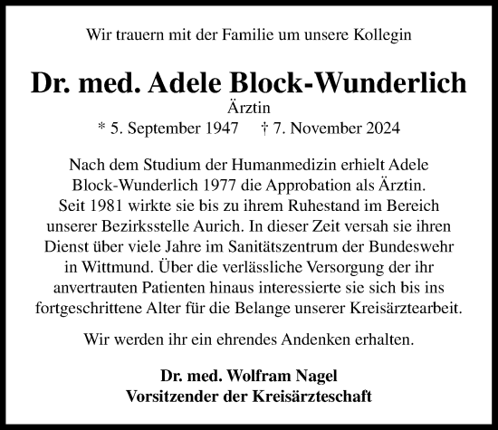 Traueranzeige von Adele Block-Wunderlich von WZ/JW/AH