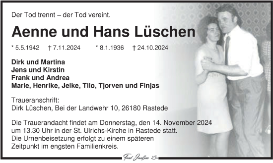 Traueranzeige von Aenne  Lüschen von Nordwest-Zeitung