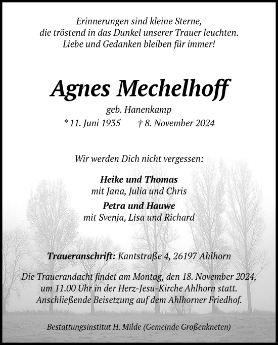 Traueranzeige von Agnes Mechelhoff von Nordwest-Zeitung