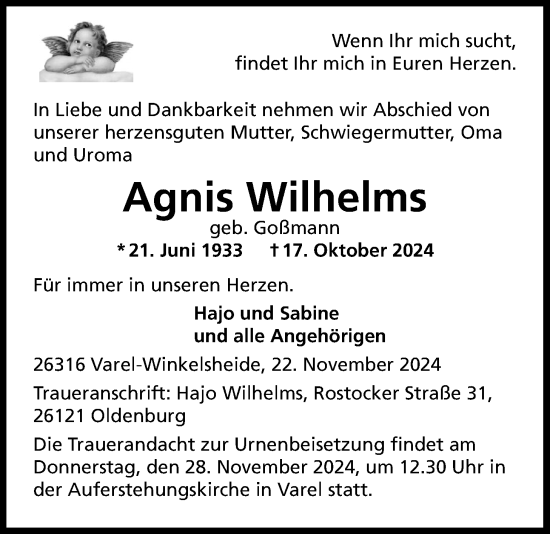 Traueranzeige von Agnis Wilhelms von Nordwest-Zeitung