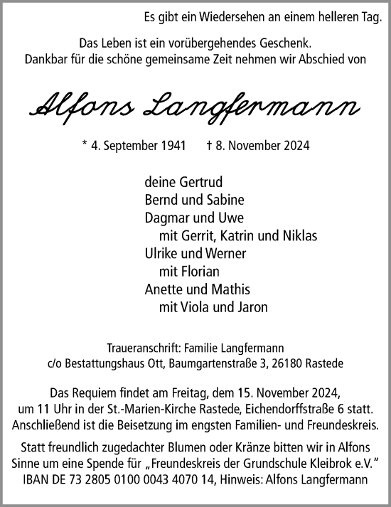 Traueranzeige von Alfons Langfermann von Nordwest-Zeitung