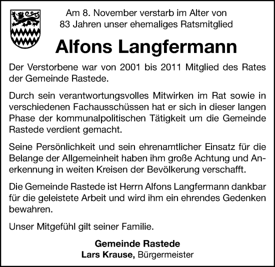 Traueranzeige von Alfons Langfermann von Nordwest-Zeitung