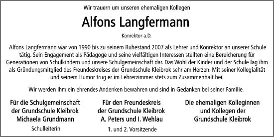 Traueranzeige von Alfons Langfermann von Nordwest-Zeitung