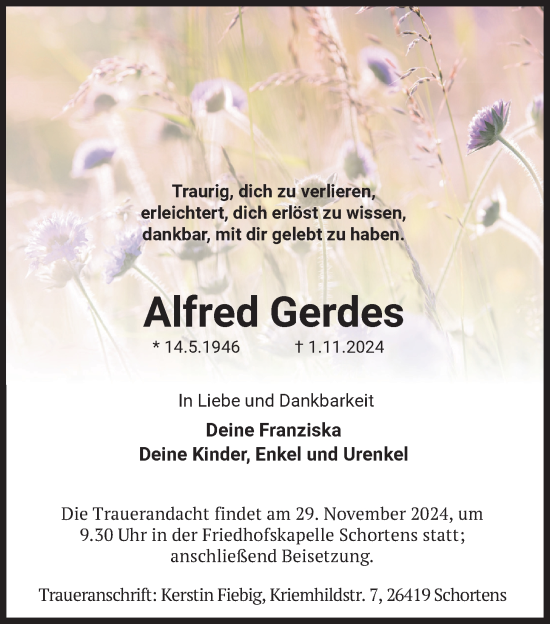 Traueranzeige von Alfred Gerdes von WZ/JW/AH