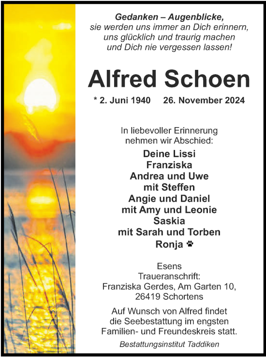 Traueranzeige von Alfred Schoen von WZ/JW/AH