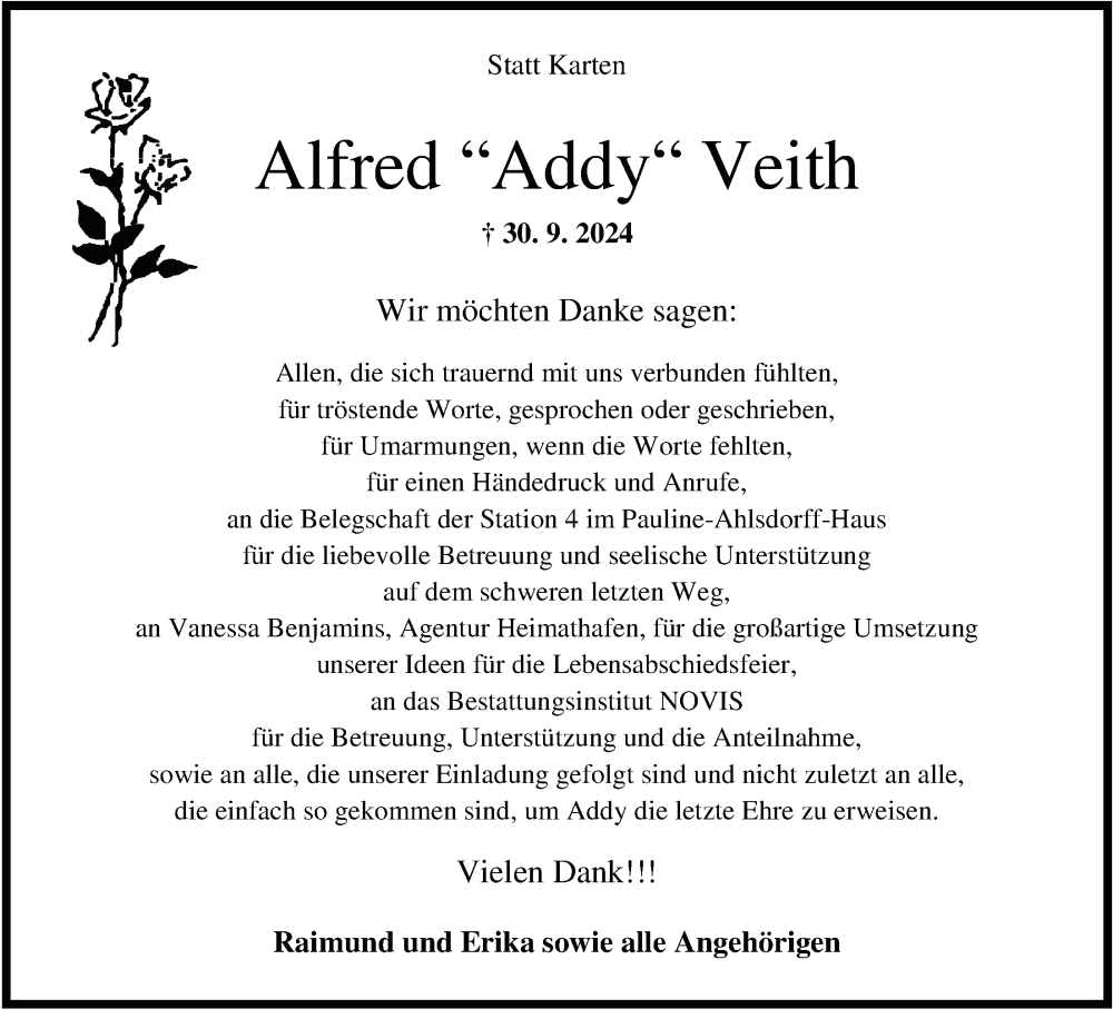  Traueranzeige für Alfred Veith vom 02.11.2024 aus WZ/JW/AH
