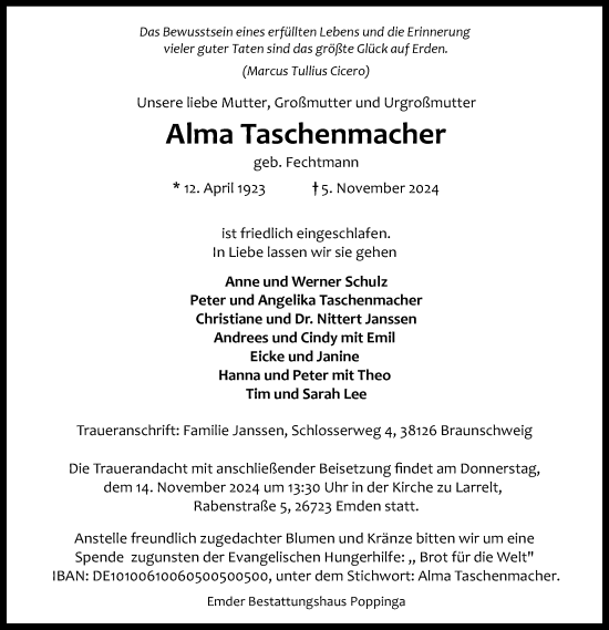 Traueranzeige von Alma Taschenmacher von Emder Zeitung