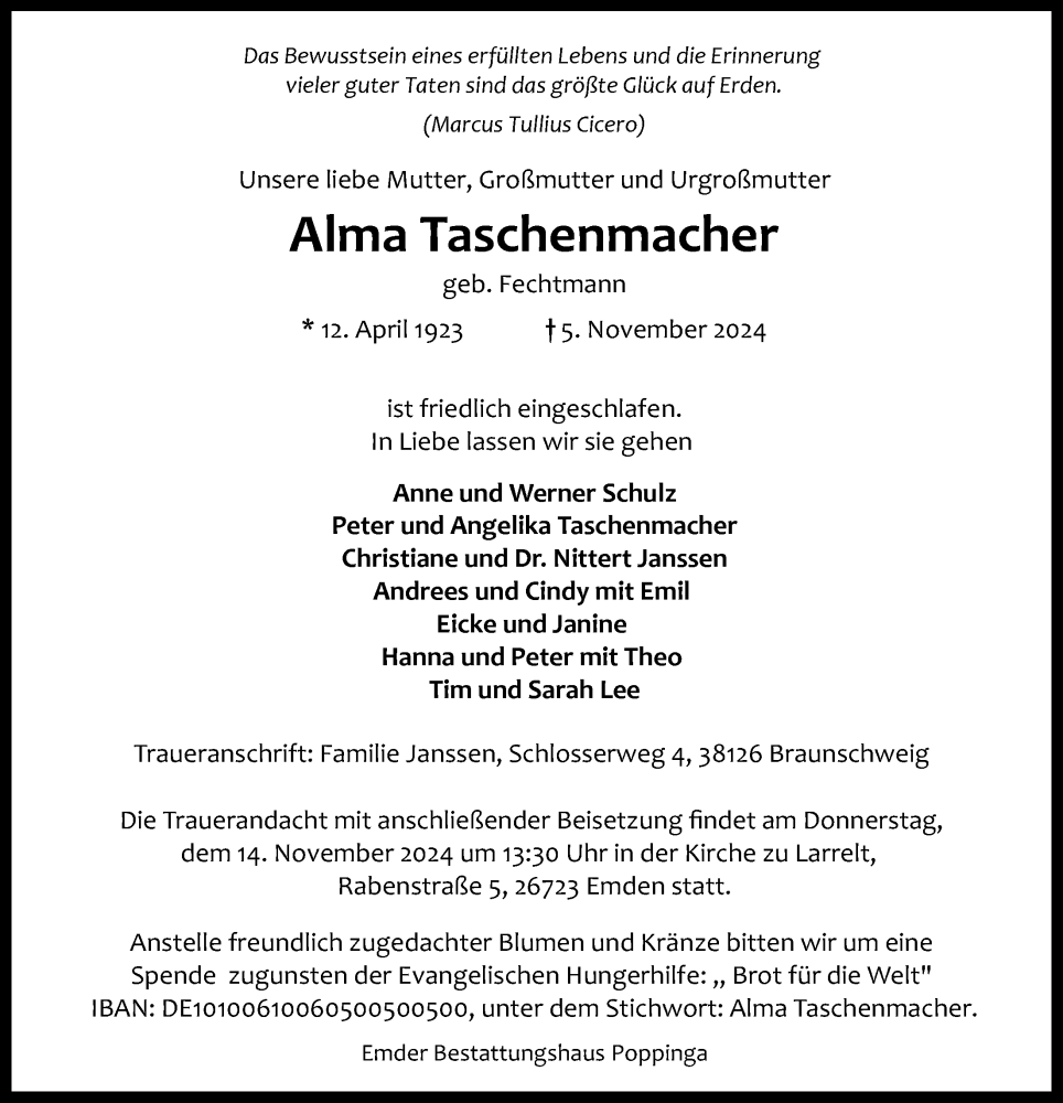  Traueranzeige für Alma Taschenmacher vom 09.11.2024 aus Emder Zeitung