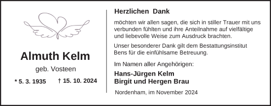 Traueranzeige von Almuth Kelm von Nordwest-Zeitung