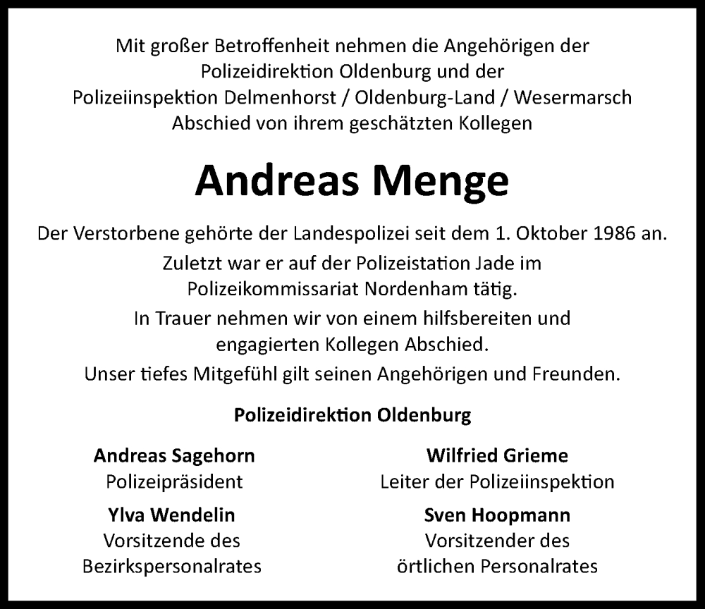  Traueranzeige für Andreas Menge vom 09.11.2024 aus Nordwest-Zeitung