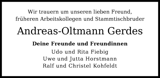 Traueranzeige von Andreas-Oltmann Gerdes von Nordwest-Zeitung