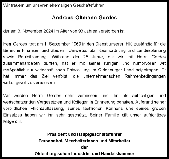 Traueranzeige von Andreas-Oltmann Gerdes von Nordwest-Zeitung