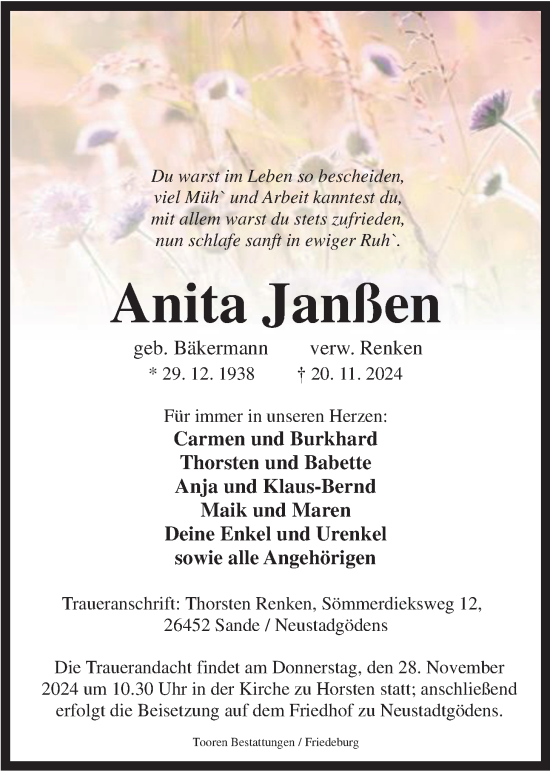 Traueranzeige von Anita Janßen von WZ/JW/AH