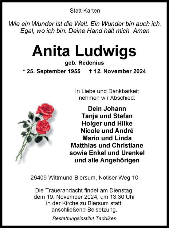 Traueranzeige von Anita Ludwigs von WZ/JW/AH