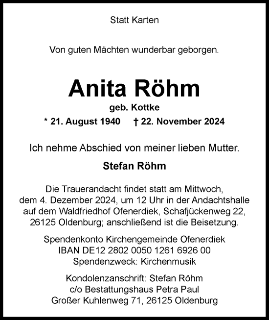 Traueranzeige von Anita Röhm von Nordwest-Zeitung