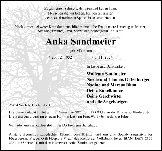 Traueranzeige von Anka Sandmeier von WZ/JW/AH