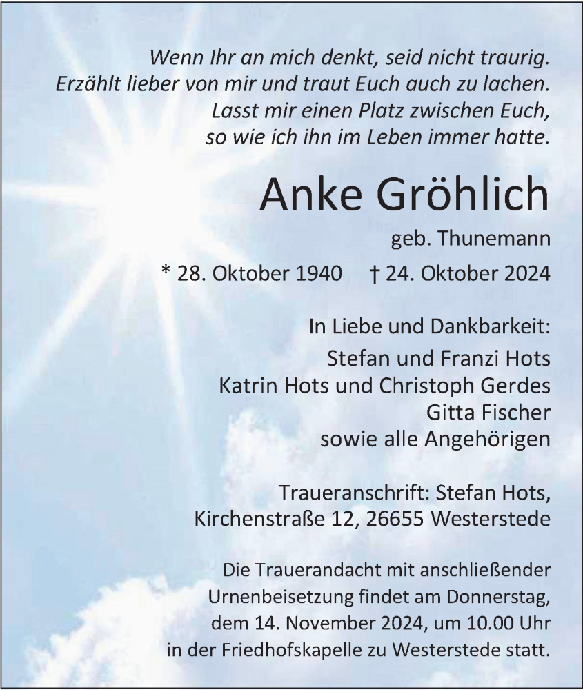  Traueranzeige für Anke Gröhlich vom 08.11.2024 aus Nordwest-Zeitung