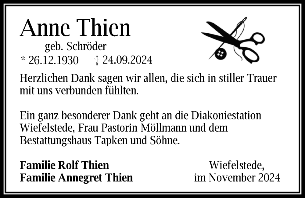  Traueranzeige für Anne Thien vom 09.11.2024 aus Nordwest-Zeitung