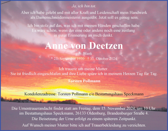 Traueranzeige von Anne von Deetzen von Nordwest-Zeitung